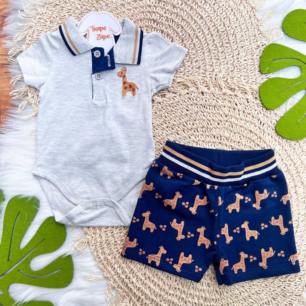 Conj. Body Gola Polo e Bermuda Girafinha - Mescla e Marinho